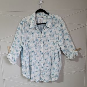 Blue & White City Scape Patterned Button Down